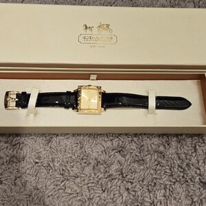 Coach Womens Watch with Black Strap and Gold Face
